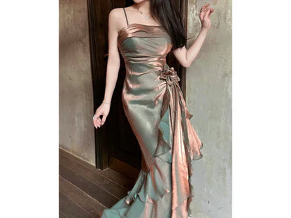 Vintage Spaghetti Straps Asymmetrical Chiffon Long Party Dress MD7644
