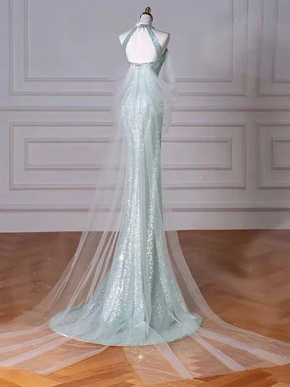 Tiffany Blue Mermaid Sequins Long Prom Dress Formal Party Gown MD7649