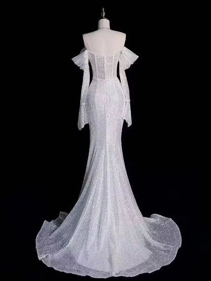 Shiny Off The Shoulder Sequin Mermaid Long Prom Dress Wedding Dress MD7650