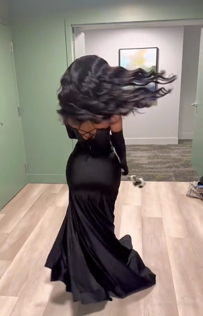 Sexy Straps Black Girl Mermaid Satin Long Party Dress Evening Gown MD7653