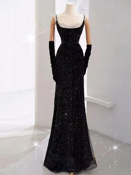 Black Straps Sequin Mermaid Long Prom Dress Evening Gown MD7655