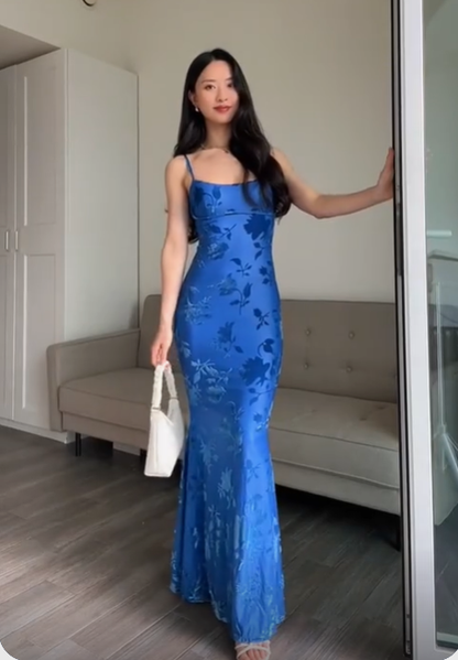 Royal Blue Mermaid Satin Spaghetti Straps Long Evening Party Dress MD7657
