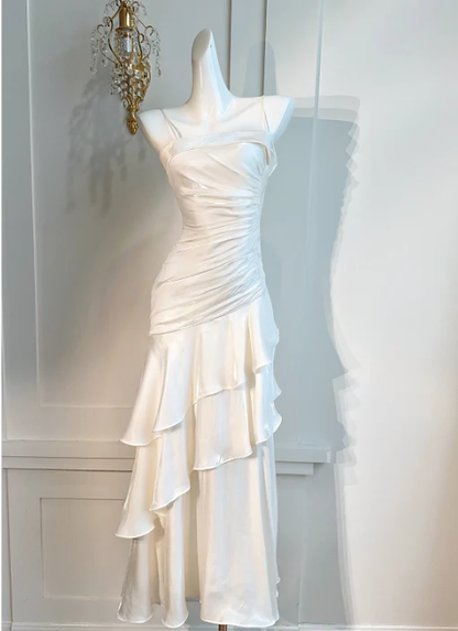 Spaghetti Straps Sheath Chiffon White Long Party Dress Birthday Outfits MD7659