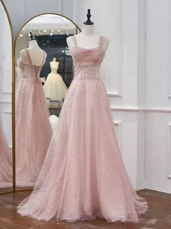 Pink A-Line Sequin Tulle Princess Prom Dress Birthday Party Gown MD7662
