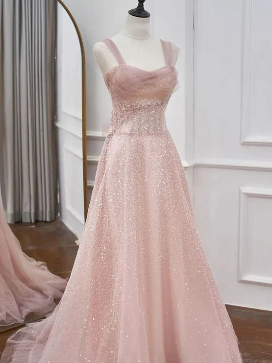 Pink A-Line Sequin Tulle Princess Prom Dress Birthday Party Gown MD7662