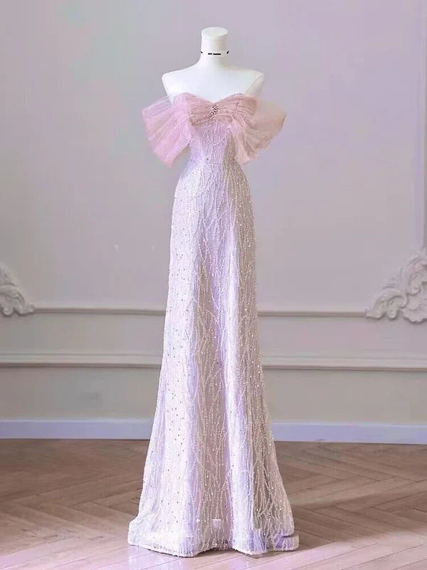 Pink A-Line Off The Shoulder Sequin Long Prom Dress Birthday Outfits MD7663