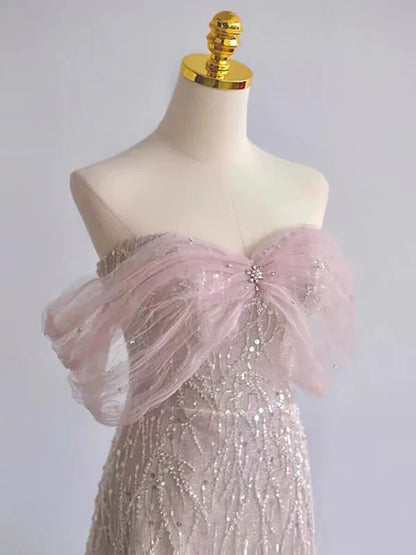 Pink A-Line Off The Shoulder Sequin Long Prom Dress Birthday Outfits MD7663
