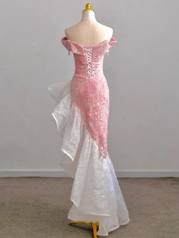 Off The Shoulder Pink Mermaid Ruffle Velvet Long Prom Dress MD7667