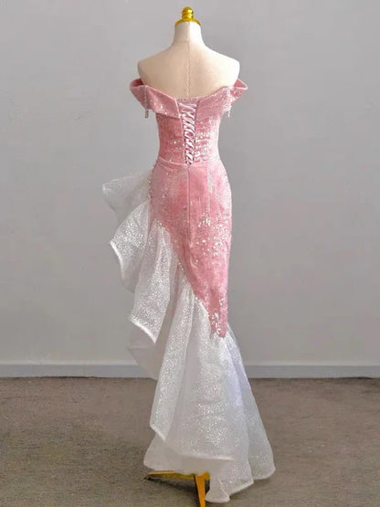 Off The Shoulder Pink Mermaid Ruffle Velvet Long Prom Dress MD7667
