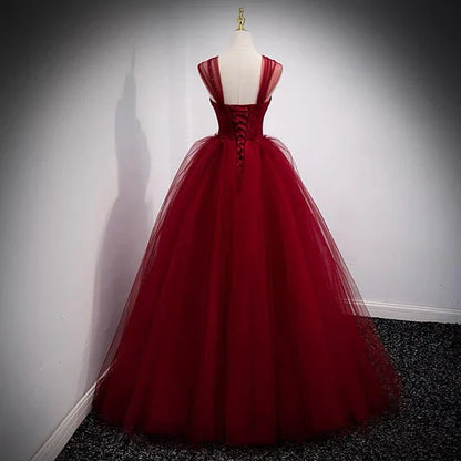 A-Line Burgundy Tulle Long Prom Dress Birthday Party Gown MD7668