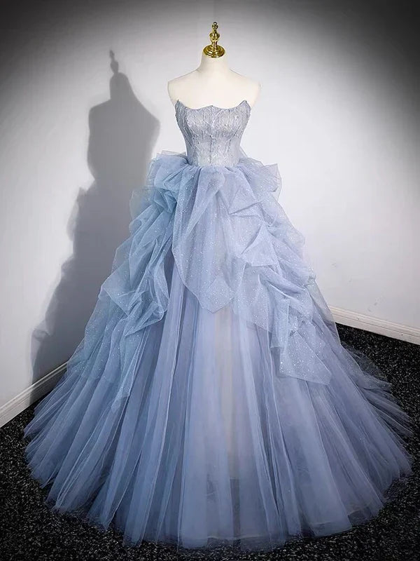 Blue Strapless A-Line Tulle Ball Gown Long Formal Prom Dress MD7669