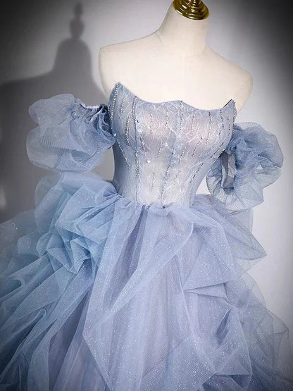 Blue Strapless A-Line Tulle Ball Gown Long Formal Prom Dress MD7669