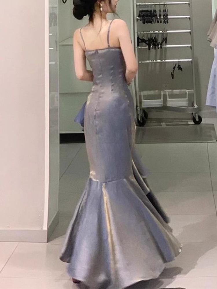 Grey Spaghetti Straps Vintage Sheath Chiffon Long Evening Gown MD7685