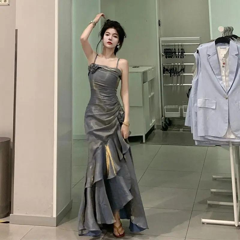 Grey Spaghetti Straps Vintage Sheath Chiffon Long Evening Gown MD7685