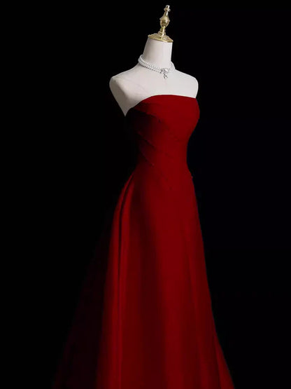 Charming Red Strapless A-Line Long Satin Prom Dress Evening Gown MD7689