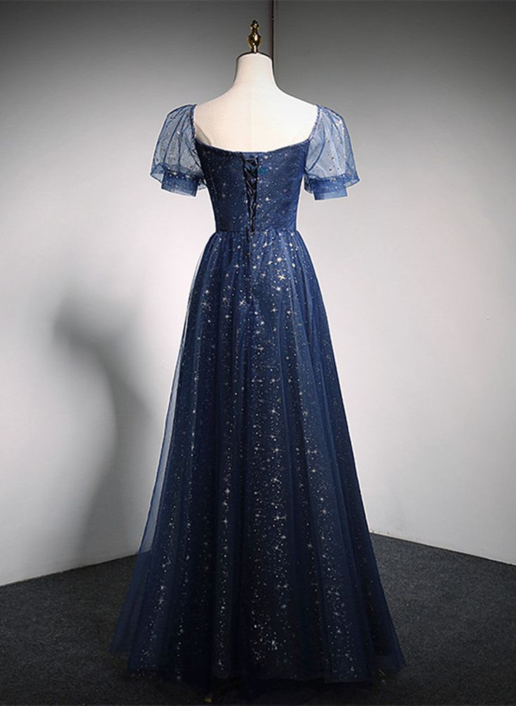 Shiny Navy Blue A-Line Tulle Long Formal Party Dress Prom Gown MD7695