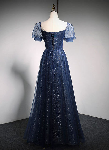 Shiny Navy Blue A-Line Tulle Long Formal Party Dress Prom Gown MD7695