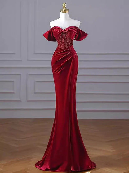 Mermaid Burgundy Off The Shoulder Long Prom Dresses Velvet Birthday Outfits MD7714