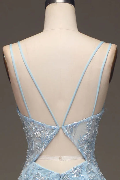 Light Blue Sequins Beads Prom Dress Formal Party Dress with Slit MD7719
