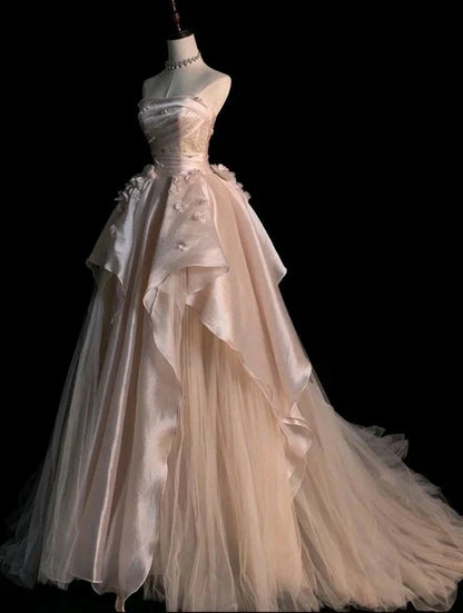 Pearl Pink Strapless A-Line Tulle Long Party Gown with Pearls MD7720