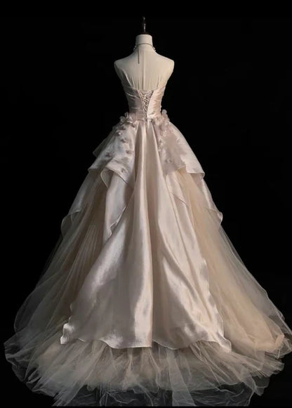Pearl Pink Strapless A-Line Tulle Long Party Gown with Pearls MD7720