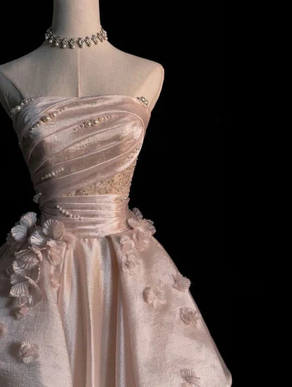 Pearl Pink Strapless A-Line Tulle Long Party Gown with Pearls MD7720