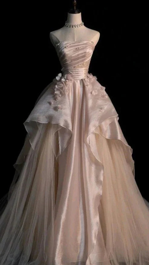 Pearl Pink Strapless A-Line Tulle Long Party Gown with Pearls MD7720