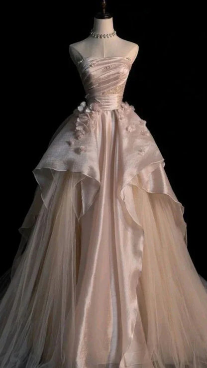 Pearl Pink Strapless A-Line Tulle Long Party Gown with Pearls MD7720