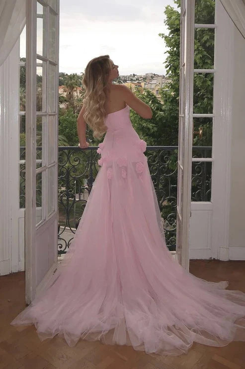 Pink Strapless 3D Flower Tulle Mermaid Long Prom Dress with Slit MD7721