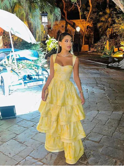 Pastel Yellow Ruffle Tiered A-Line Long Party Prom Dress MD7722