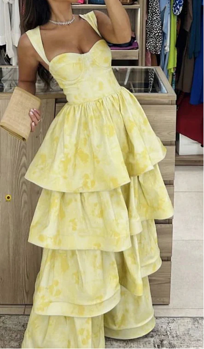 Pastel Yellow Ruffle Tiered A-Line Long Party Prom Dress MD7722
