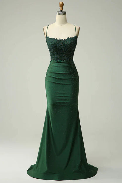 Mermaid Dark Green Long Prom Dress with Appliques Beading MD7726