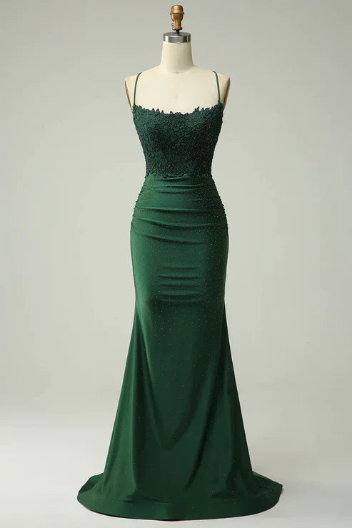 Mermaid Dark Green Long Prom Dress with Appliques Beading MD7726
