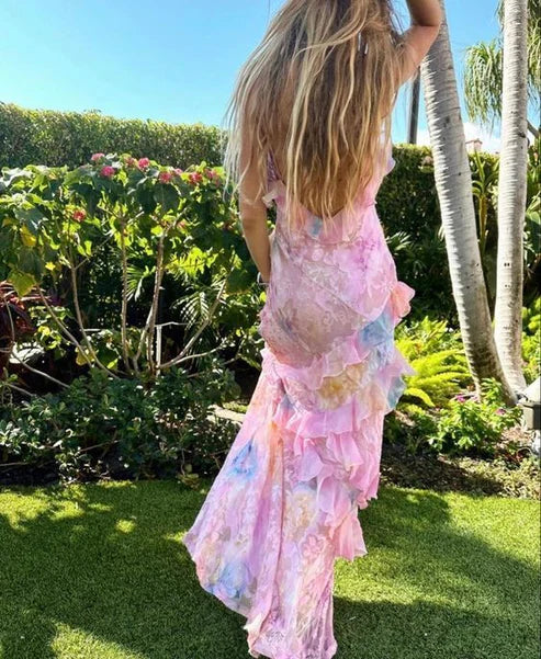 Pink Spaghetti Straps Backless Ruffles Long Prom Dress MD7730