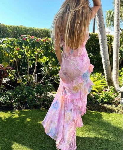 Pink Spaghetti Straps Backless Ruffles Long Prom Dress MD7730