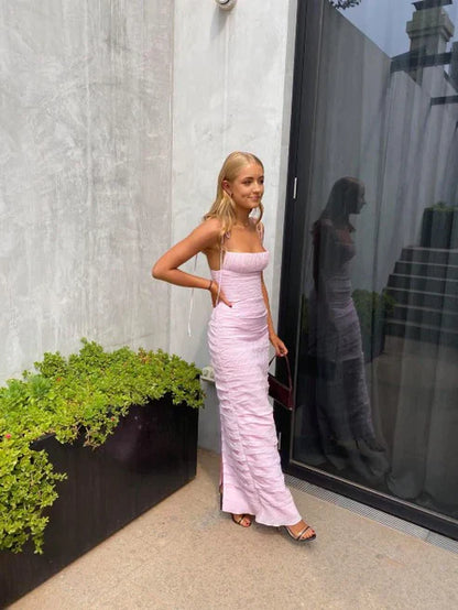 Pink Spaghetti Straps Pleated Long Party Dress Wedding Guest Dress MD7734