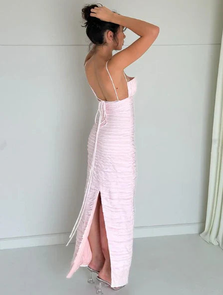 Pink Spaghetti Straps Pleated Long Party Dress Wedding Guest Dress MD7734