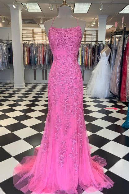 Red Floral Appliques Tulle Mermaid Long Formal Dress MD7737