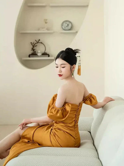 Off The Shoulder Yellow Long Formal Dress Slit Prom Dress MD7739