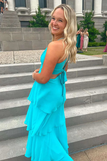 Spaghetti Straps V-Neck Sleeveless Tiered Chiffon Prom Party Dress MD7741
