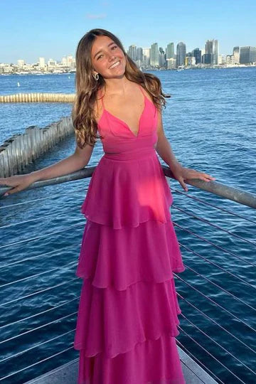 Spaghetti Straps V-Neck Sleeveless Tiered Chiffon Prom Party Dress MD7741