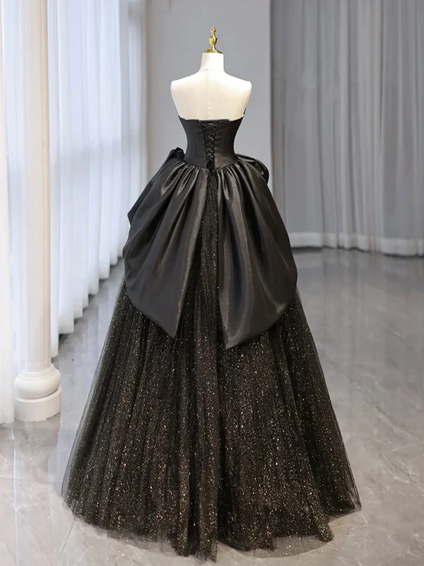 Shiny Black Sweetheart A-Line Tulle Long Formal Prom Dress MD7760