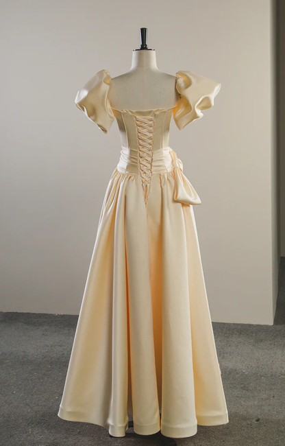 Light Yellow A-Line Satin Long Prom Dress Cute Princess Birthday Outfits MD7767
