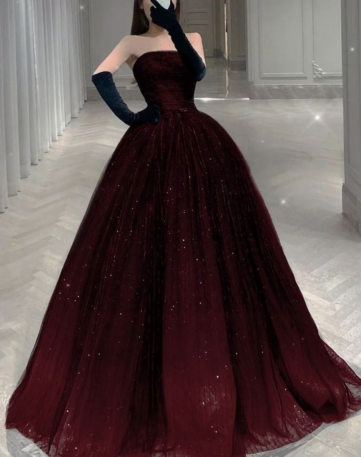 Stunning Burgundy Strapless A-Line Tulle Long Prom Dress Birthday Gown MD7779