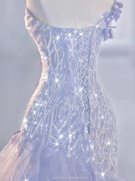 Light Lilac One Shoulder Tulle Sequin Mermaid Long Party Dress MD7787
