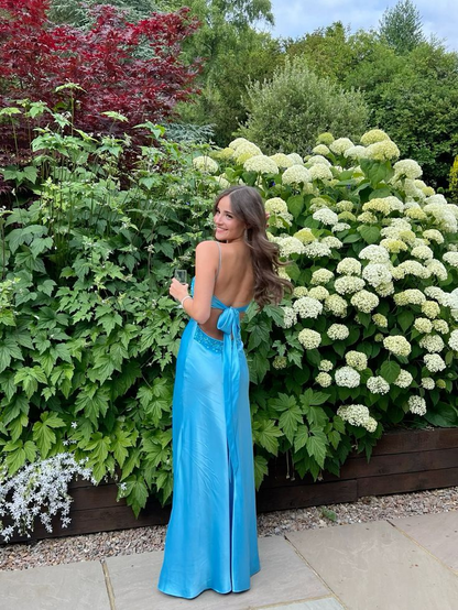 Elegant Blue V Neck Spaghetti Straps Sheath Long Party Dress MD7821