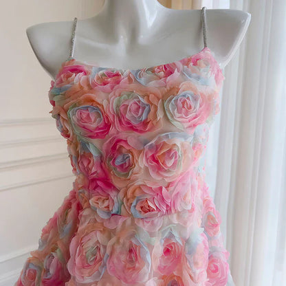 Pink Spaghetti Straps Rose A-Line Floral Birthday Outfits Party Dress MD7843
