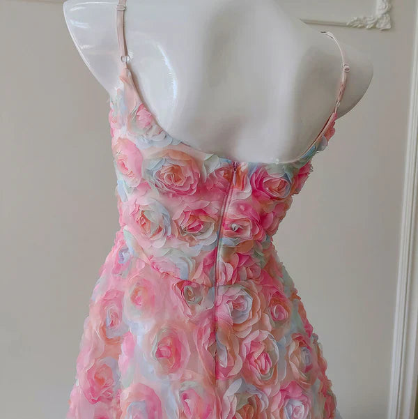 Pink Spaghetti Straps Rose A-Line Floral Birthday Outfits Party Dress MD7843