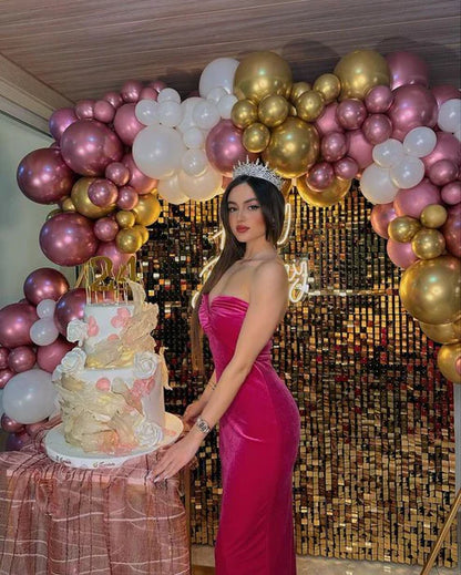 Hot Pink Sweatheart Velvet Long Party Dress Birthday Dress, MD7900