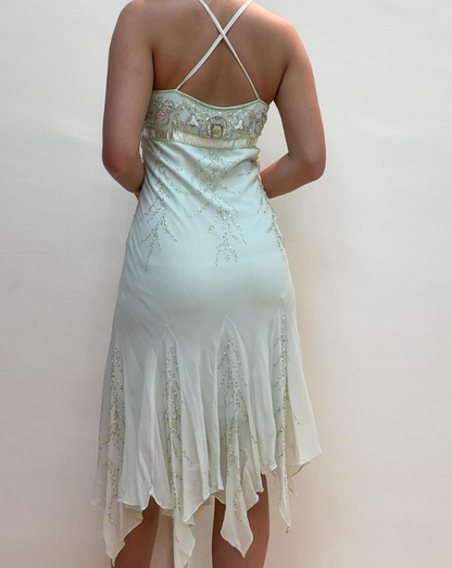 Spaghetti Straps Beading Ruffles Midi Length Vintage Party Dress, MD7929